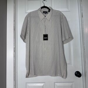 Pronti Mens XL Short Sleeve Geometric Square Print Button Down Shirt White Black